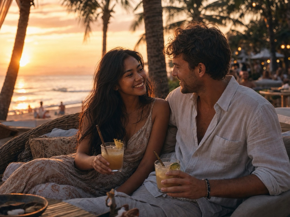 A couple on a date at a beach club in Canggu, Bali, Indonesia