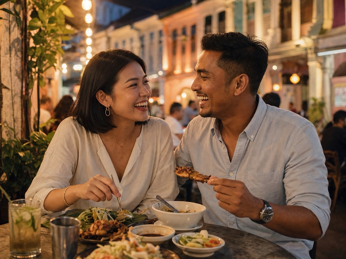 A couple on a date at a street-food spot in George Town, Penang, Malaysia