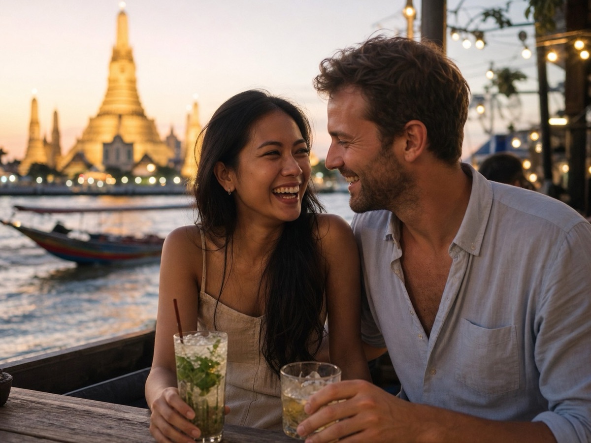 A couple on a date at a riverside cafe in Bangkok, Thailand