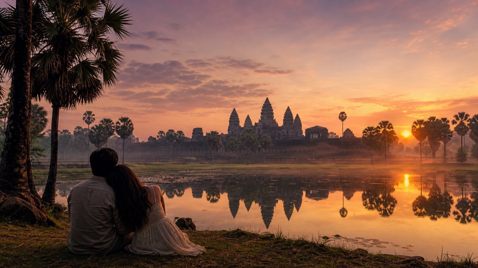 A couple watching sunrise over Angkor Wat, dating in Cambodia with AsiaFlare