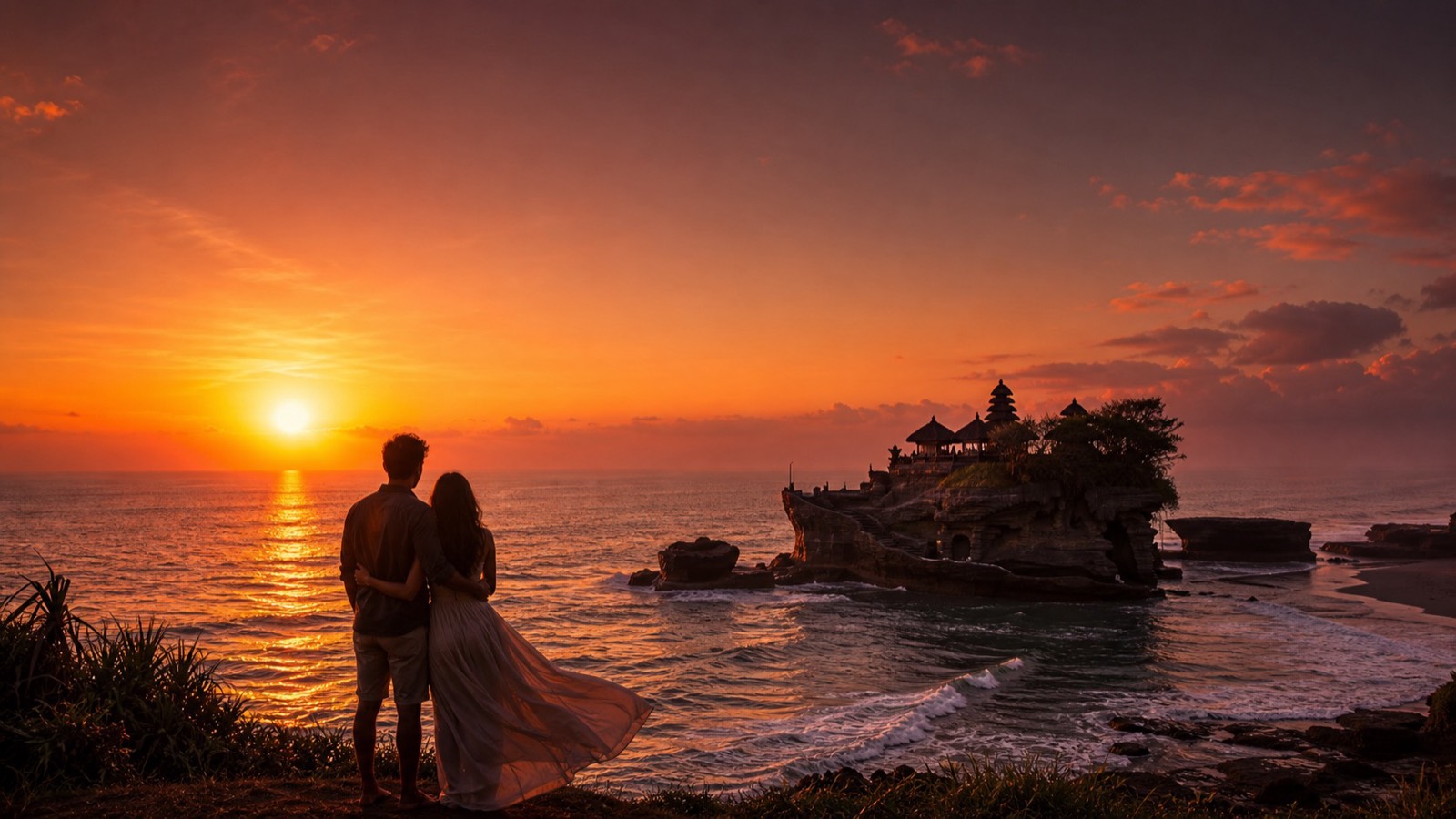 A couple watching sunset at Tanah Lot sea temple in Bali, dating in Indonesia with AsiaFlare