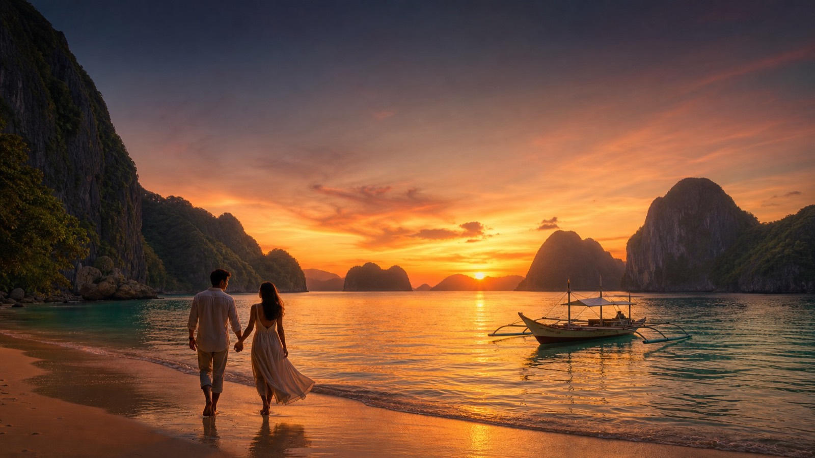 A couple walking a Palawan beach at sunset, dating in the Philippines with AsiaFlare