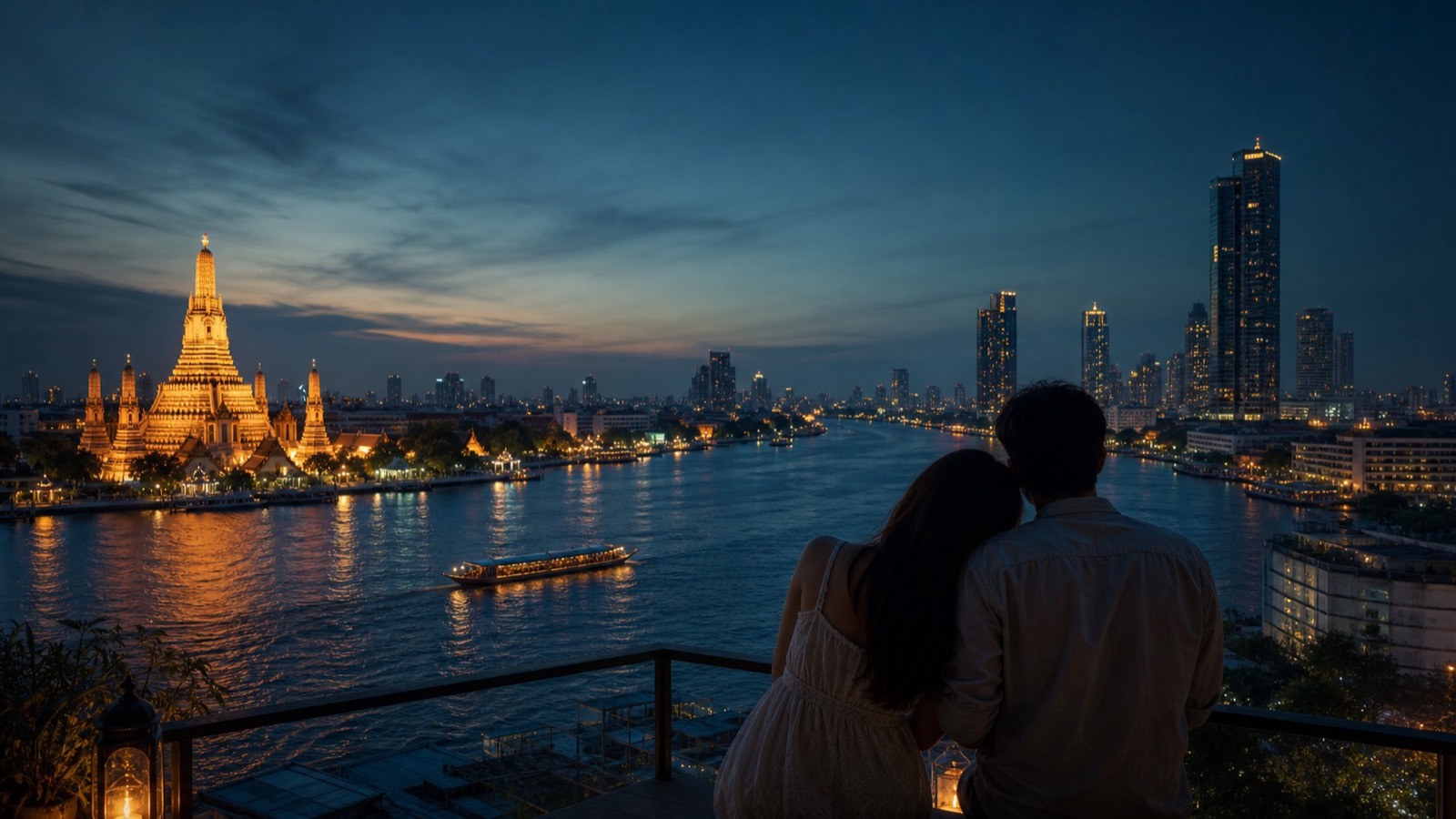 A couple watching the Bangkok skyline at dusk over the Chao Phraya river, dating in Thailand with AsiaFlare