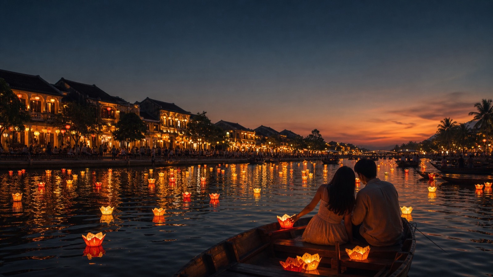 A couple on a lantern-lit boat in Hoi An at dusk, dating in Vietnam with AsiaFlare